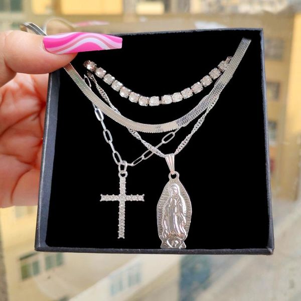 

chains hip hop multi layers crystal cross tennis chain choker necklace for women men metal maria portrait pendant jewelry gift, Silver