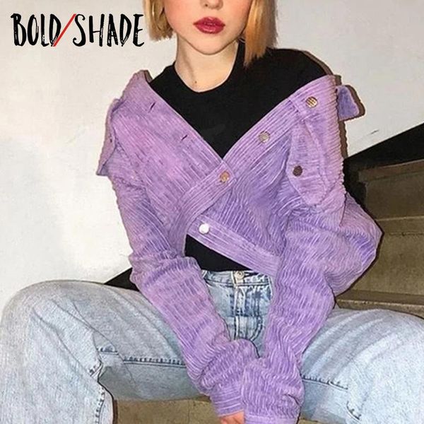 

bold shade indie clothes aesthetic y2k corduroy crop jackets button turn-down collar purple slim women coats fashion harajuku women's, Black;brown