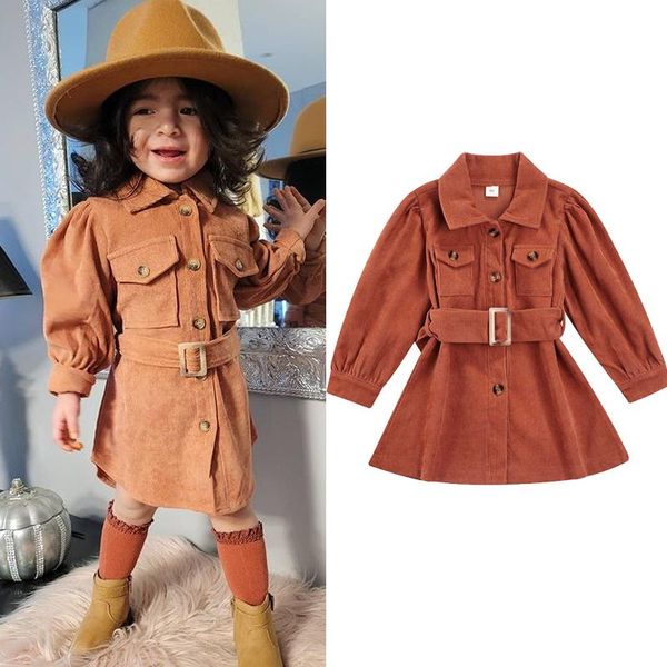 

girl's dresses 1-6y fashion toddler baby girls clothes corduroy solid color long sleeve lapel waistband dress autumn casual girl, Red;yellow
