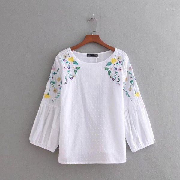 

women vestidos position flower embroidery white shirt blouse female vintage lantern sleeve blusas femininas ls21991