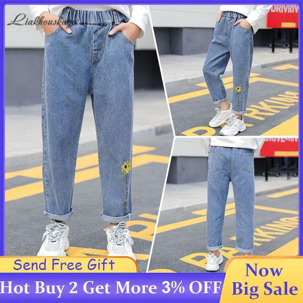 

ripped jeans for kids girls spring high waist teens flower embroidery elastic baby fashion casual loose pants, Blue