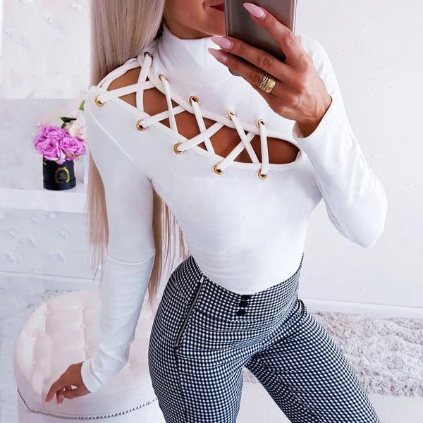 

slim women sweater cross hollow out high collar long sleeve for autumn black white knitted pullover casual winter, White;black