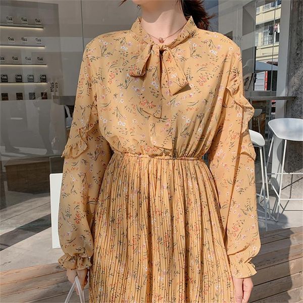 

casual dresses a-line chiffon bow female dress print vintage lace up pleated spring high waist butterfly sleeves knee-length, Black;gray