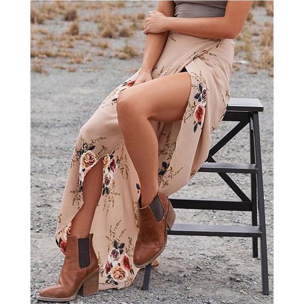 

boho summer women floral high waist skirts long maxi skirt ladies beach holiday split, Black