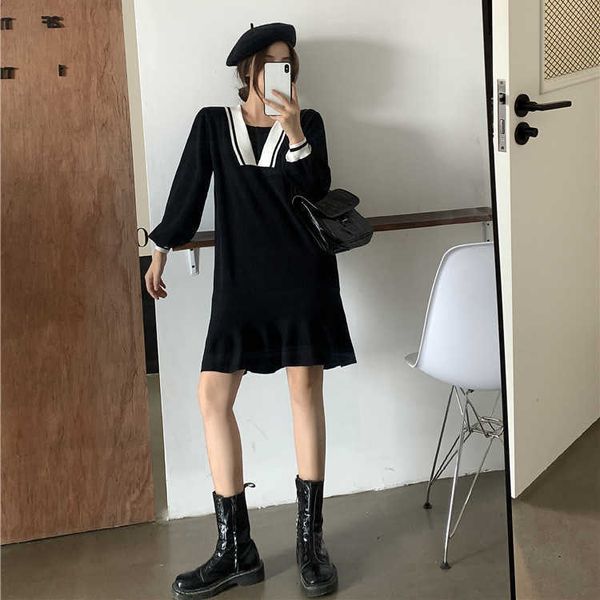 

small black knitted drs for women in early autumn 2021 dign sense of minority temperament loose and thin, Black;gray