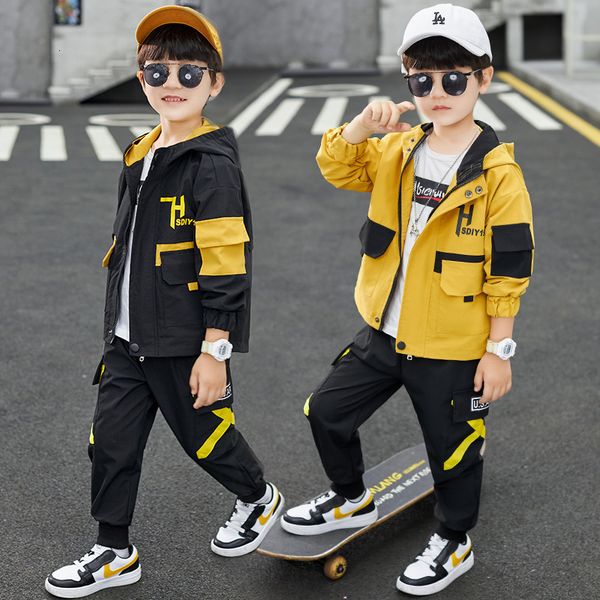 

children's suit autumn kids boys outfits jogger set hooded black/yellow jackets + pants two piece sport sets fashion teenage clothes 4, White