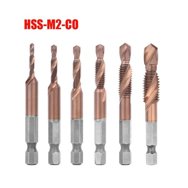

hand tools 1/6pcs m3-m10 screw tap drill bits hssco m35 cobalt taps metric combination bit 1/4" in hex quick change metal woodworking