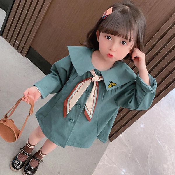 

pullover 2021 autumn spring baby girls trench coats jackets with silk scarf embriodery fashion kids overwear clothes ship, Blue