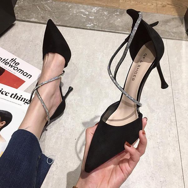 

dress shoes water diamond baotou sandals women's stiletto 2021 versatile fairy style pointed button strap high heels, Black