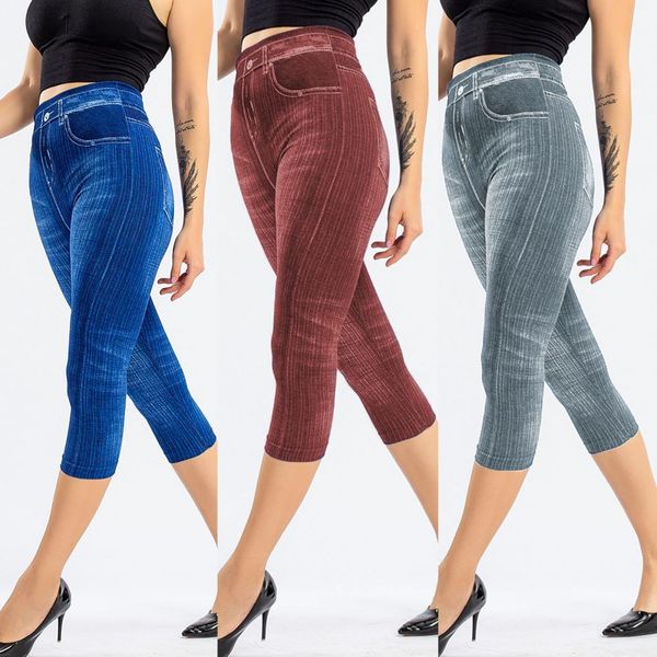 

polyester women pants high waist scratched leggings fake jeans elasticity hip lift solid color slim capri pants skinny clothing, Black;white