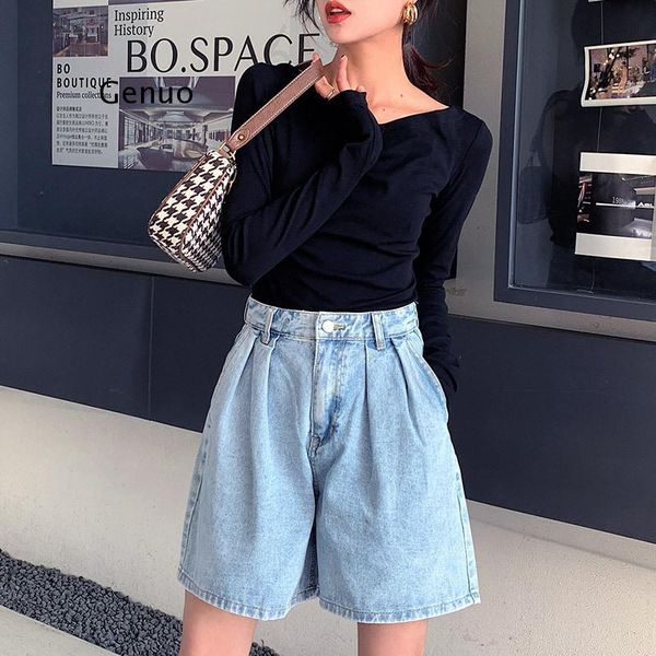 

women's shorts 2021 summer women vintage high waist blue wide leg jeans ladies plus size denim short, White;black