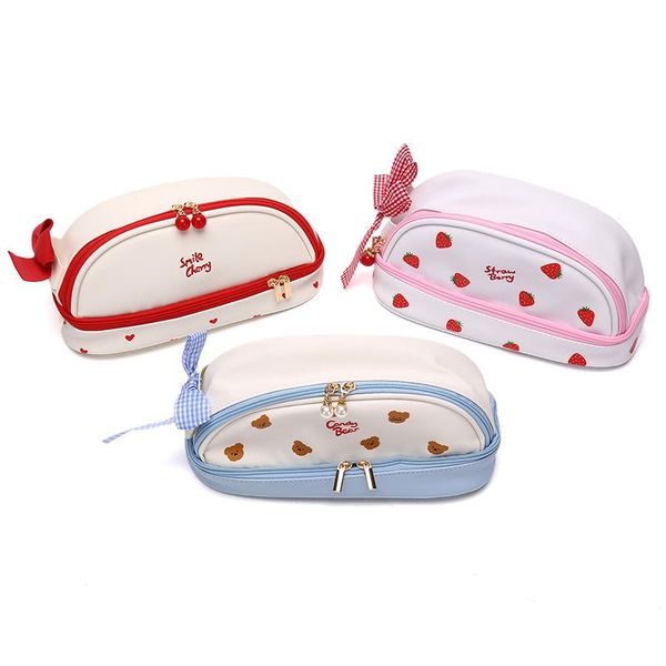 

pencil bags large capacity cherry case double-layer portable strawberry pu bag