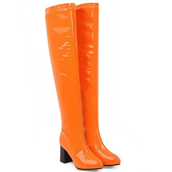 

boots 2021 winter ladies fashion round toe patent leather over the knee thick heel candy color oversized customization, Black