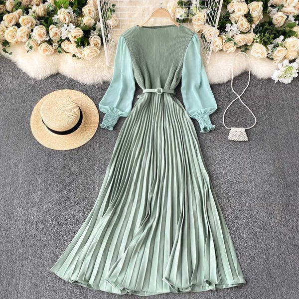 

autumn fashion streetwear long dress design french pleated maxi dress women elegant o neck long sleeve a-line dress 210608, Black;gray