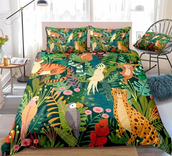 

bedding sets wild animals tropical plants duvet cover set parrot monkey pattern palm leaves quilt bed kids  dropship