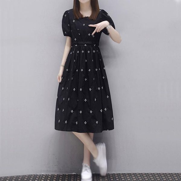 

casual dresses for women 2021 early autumn south korean fashion long style french square neck puff sleeve floral dress, Black;gray