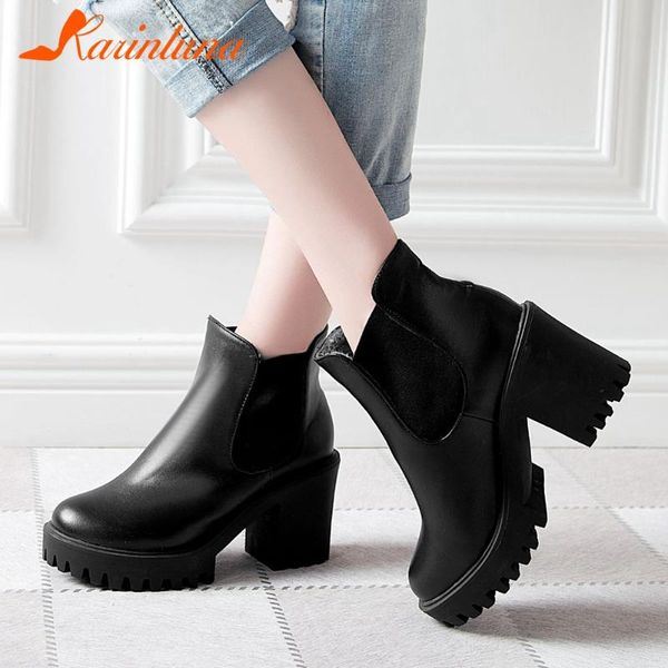 

boots 2021 arrivals female shoes slip-on elastic band platform squaer thick heels solid ankel woman booties, Black