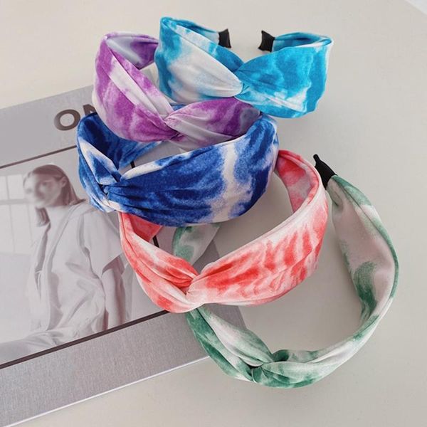 Bohemian Vintage Satin Tie Dye Nó Largo Cruz Hairband Headband Mulheres Menina Meio Knotted Hair Bands Cabelo Acessórios De Cabelo Do Cabelo