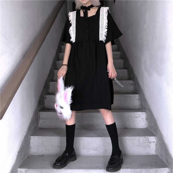 Старинные летние панк готические свободные кружева черная мода корейский хип-хоп темные женские плюс размер повседневное платье Ulzzang 210608