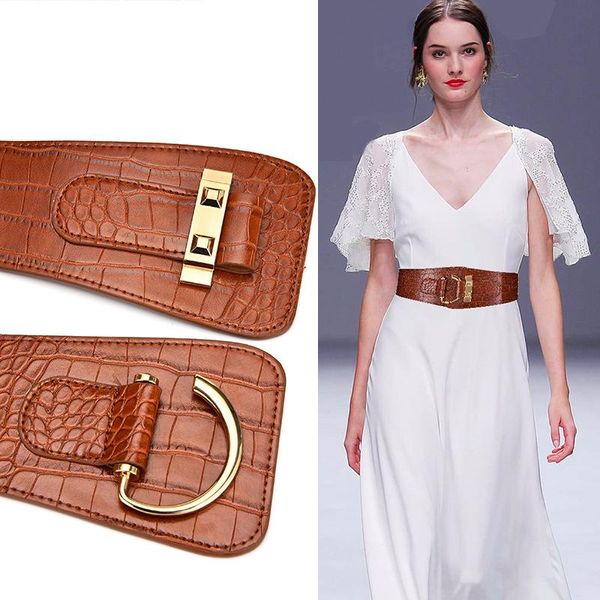 

belts fashion lady retro belt skirt decoration girdle crocodile imitation leather pu waist yellow-brown elastic wide waistband, Black;brown