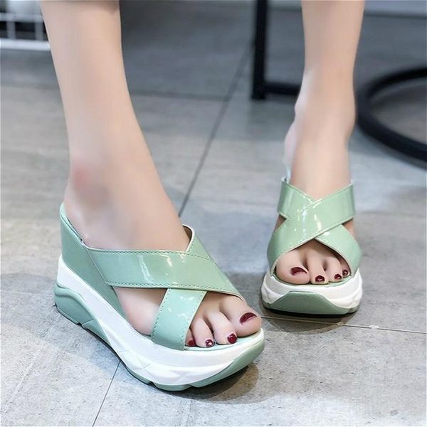

slippers 2021 fashion super high 10cm heel outside women breathable wedges summer shoes slides flat platform peep toe casual, Black
