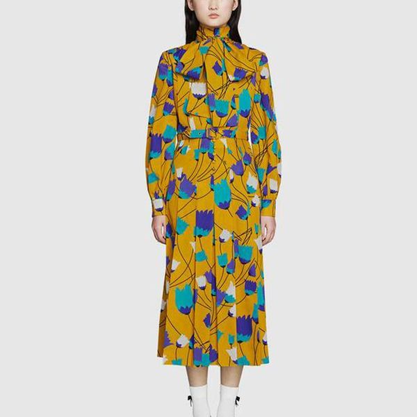 

casual dresses 2021 fall runway style bohemian print retro long-sleeved belt slim fit temperament pleated mid-length dress high quality, Black;gray