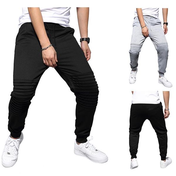 

european size in autumn men casual fashion trend solid color pleated sweatpants men's pants, Black
