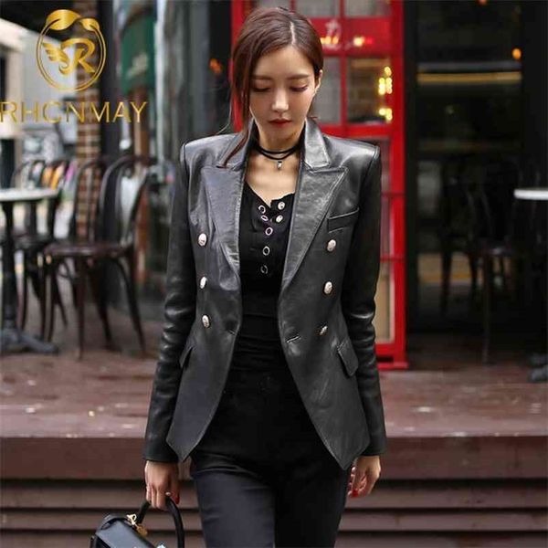 

spring and autumn matte fashionable personality artificial leather women's tailored collar coat jacket retro 210520, Black;brown