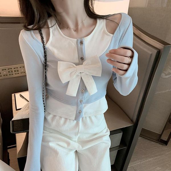 

stitching color fake two-piece bow o neck knitted long-sleeved t-shirt 2021 spring female casual t shirt women 52j women's, White