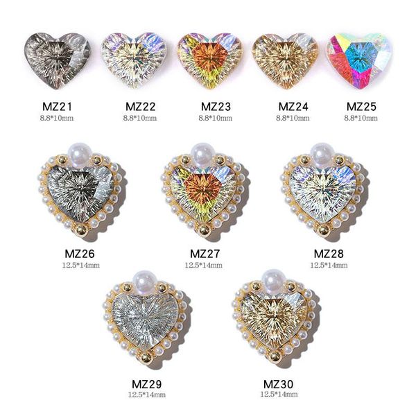 

2pcs shiny heart diamond crystal stone 3d nail art decorations alloy base pearl diy jewelry manicure design accessories, Silver;gold