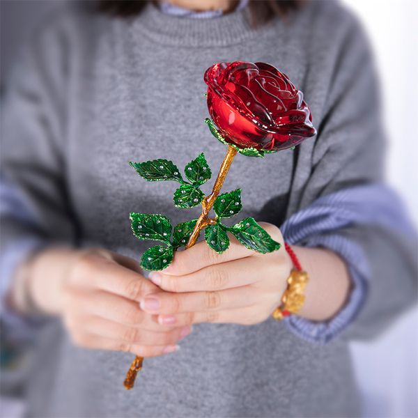 HD Crystal Red Rose Flower Figurine Craft Compleanno San Valentino Bomboniere X'mas Regali Matrimonio Casa Decorazione della tavola Ornamento 210318