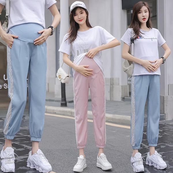 

maternity bottoms 335# pants summer lace casual loose comfy belly support elastic waist trousers, White