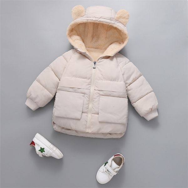 Fleece Winter Parkas Kids Jackets para meninas meninos grossos veludo bolso casaco infantil bebê outerwear bebê adjunto 211027