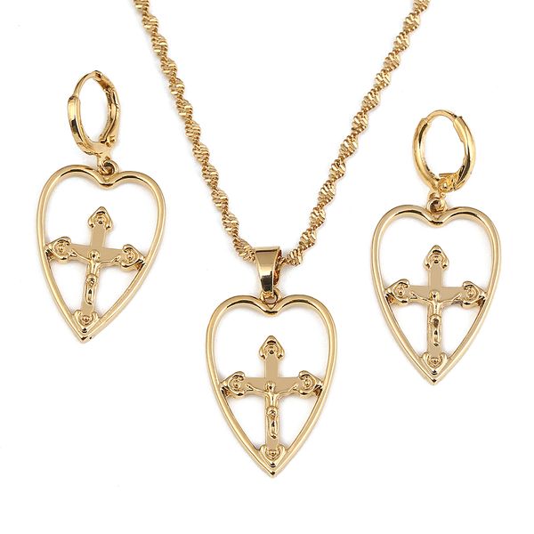 

religious love heart jesus cross pendant necklace for women gold christian jewelry sets, Silver