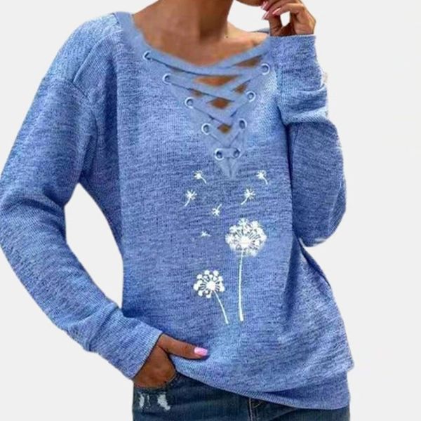 

knits women spring fashion dandelion print blouse shirts elegant lace v-neck pullovers female casual long sleeve streetwear blusa ml tpqo, White