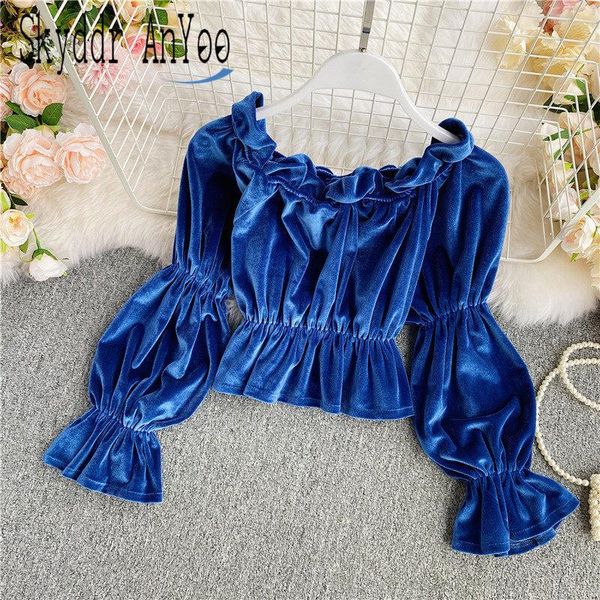 

autumn off shoulder crop women velvet blouse vingate shirts puff long sleeve femme blusas elegantes fall 2021 clothing women's blouses, White