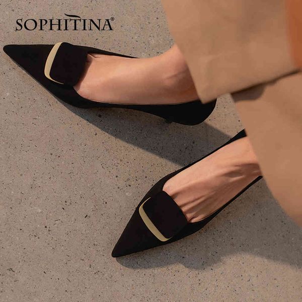 

sophitina shallow mature style pumps woman high thin heel sheep suede metal decoration pointed toe dress shoe po962 210513, Black