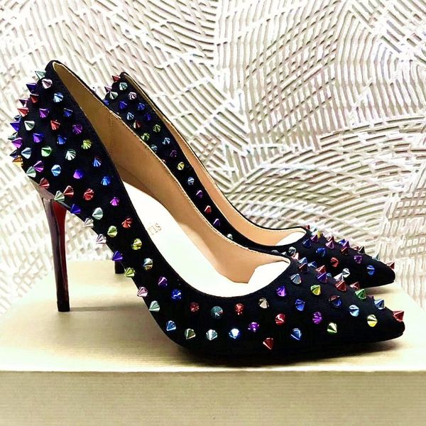 

dress shoes women rivets red high heels ladies luxery genuine leather pointed toe thin 8cm 10cm 12cm wedding, Black