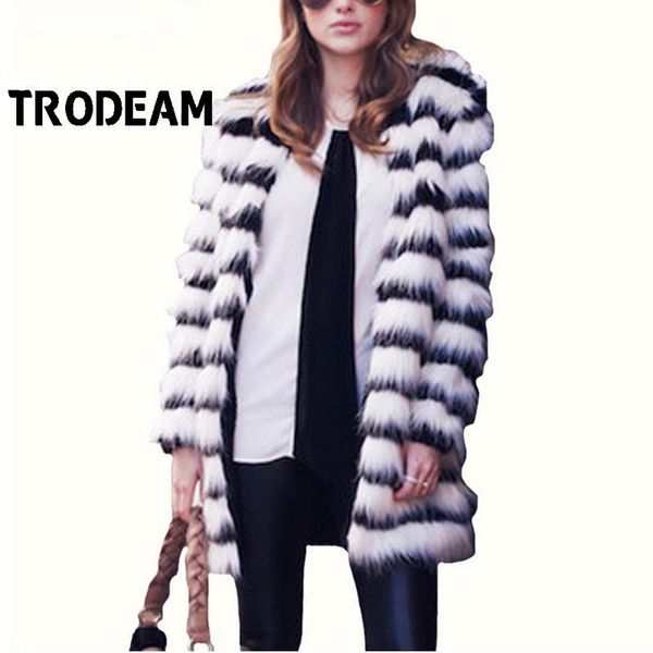 

women's fur & faux trodeam 2021 fahsion mid-length coat with o-neck large size autumn winter thick warm trendy jackets, Black