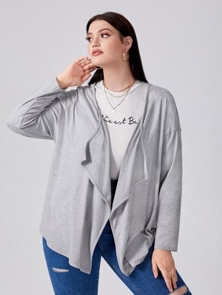 

plus waterfall collar drop shoulder placket coat t7ru#, Black