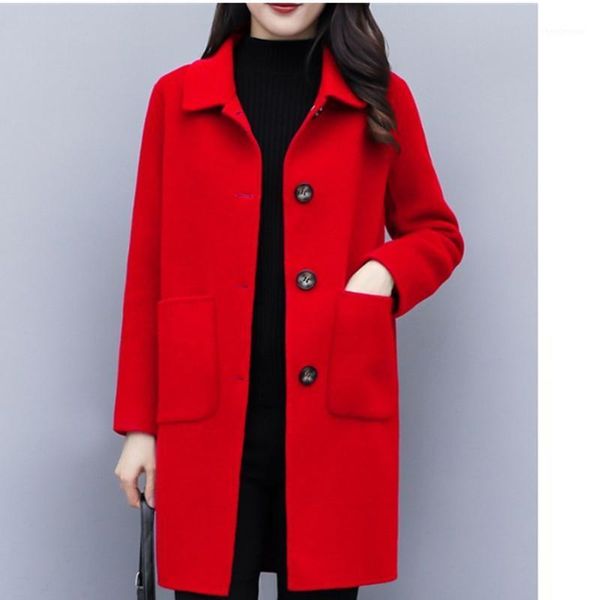 

single-breasted womens wool jacket 2021 autumn winter thicken warm overcoat mid length loose casual female basic coats women's & blends, Black