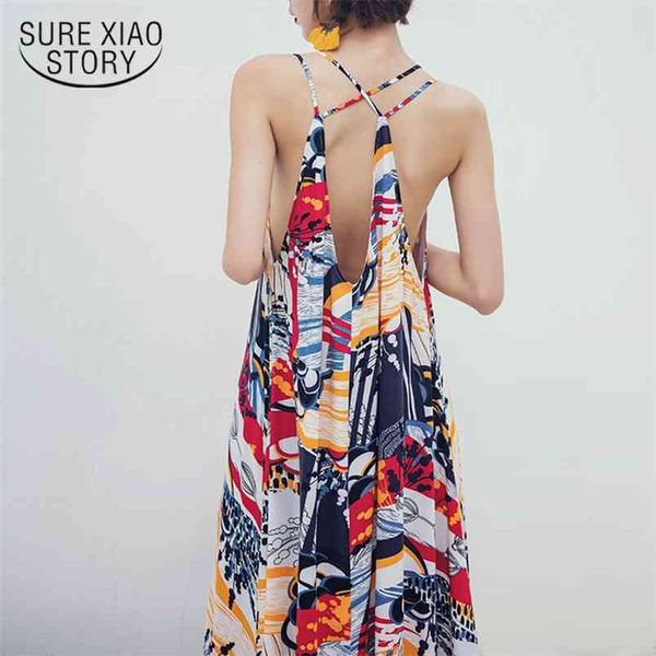 

women summer dress bohemian style backless holiday beach spaghetti strap print chiffon 3294 50 210506, Black;gray