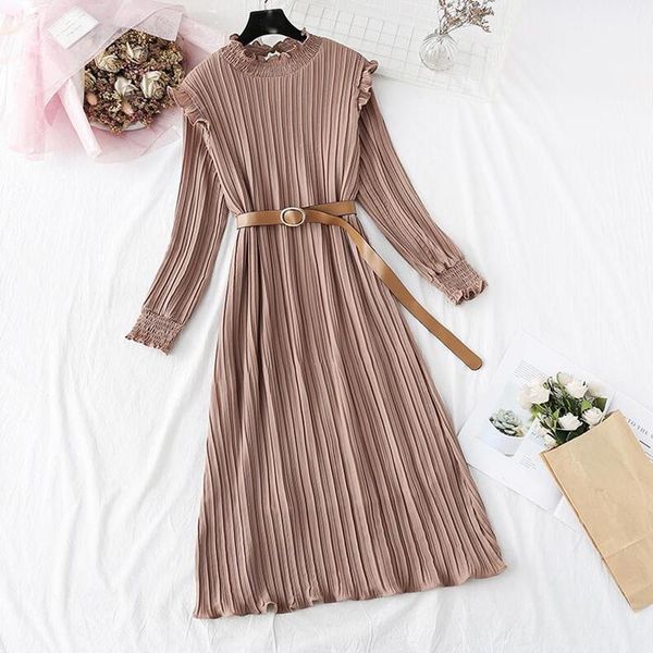 

casual dresses spring women dress 2021 vintage solid color pleated chiffon lotus leaf collar long sleeve loose plus size vestidos1, Black;gray