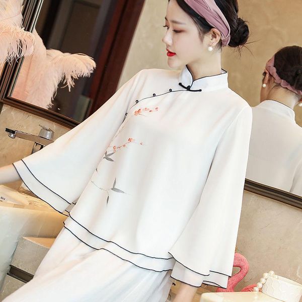 

women's blouses & shirts c2021 fashion chinese style long-sleeved stand-up collar shirt retro casual temperament western blouse, White