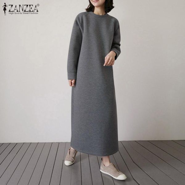 

women mid-calf dress zanzea autumn long sleeve robe longue ladies fashion style vestidos oversize 5xl casual solid sundress dresses, Black;gray