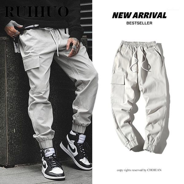 

men's pants ruihuo 2021 solid cargo men trousers casual joggers sweatpants hip hop streetwear male plus size m-2xl, Black