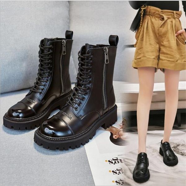 

boots leather women's autumn winter 2021 double zipper short thick soled locomotive, Black