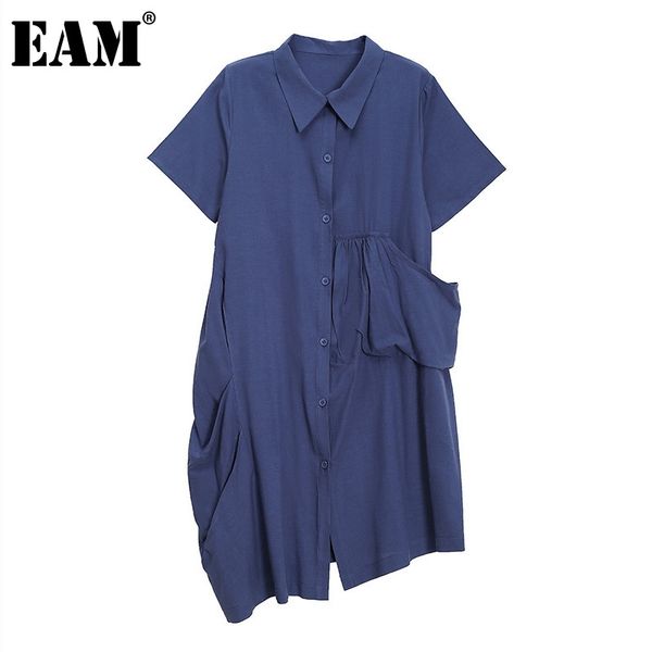

[eam] women black casual irregular pocket shirt dress lapel short sleeve loose fit fashion spring summer 1dd8563 21512, Black;gray