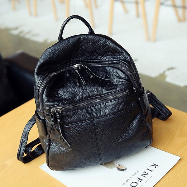 

washable soft pu leather women backpack small simple campus student school bag travel backpack female shoulder bag daypack black