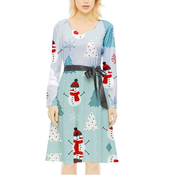 

casual dresses snowflake print christmas dress o neck long sleeve a line vintage elegant waist bandage knee length party 40#, Black;gray